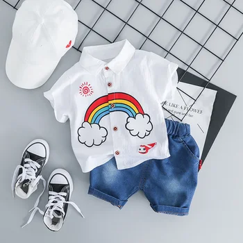 

2pcs Kids Turn Down Collar Shirt Shorts Boy Short Sleeve Button Top Short Pants Rainbow Print Baby Suit