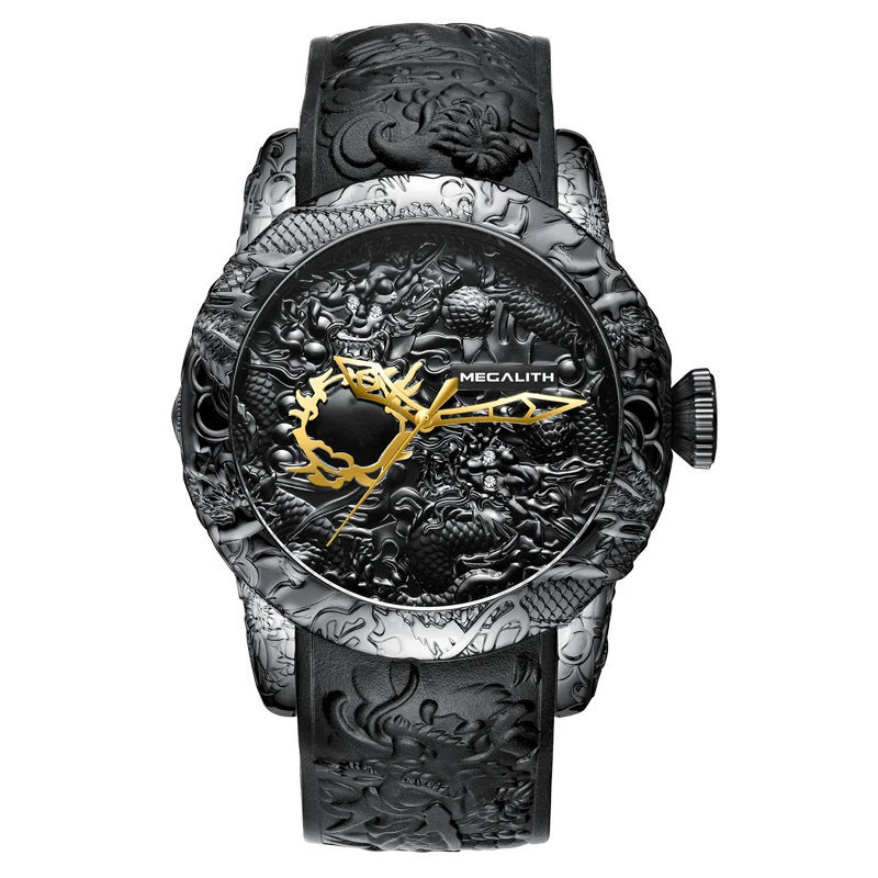 

MEGALITH Golden Alloy Skeleton Male Watch Men Mechanical Exquisite Watches Clock Waterproof Strap Cool Dragon Wristwatch