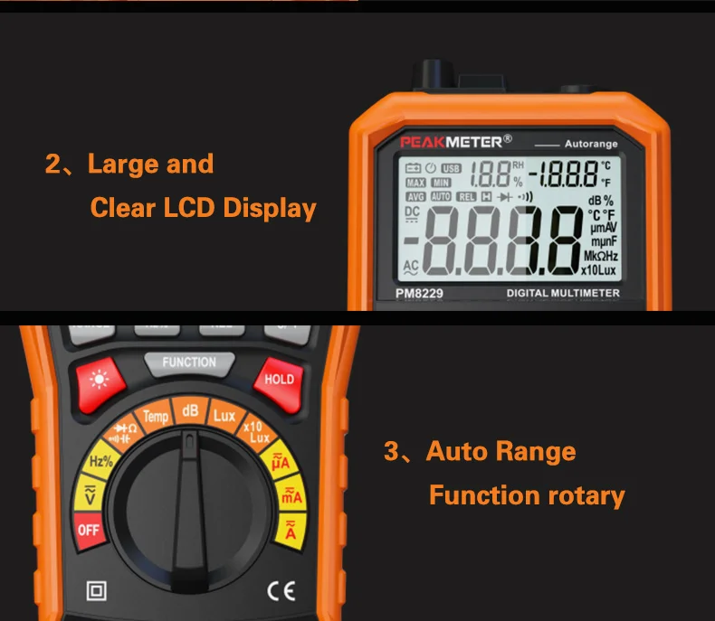 PEAKMETER PM8229 5 в 1 Автоматический цифровой мультиметр с многофункциональным Lux Уровень звука Частота Температура влажность тестер метр