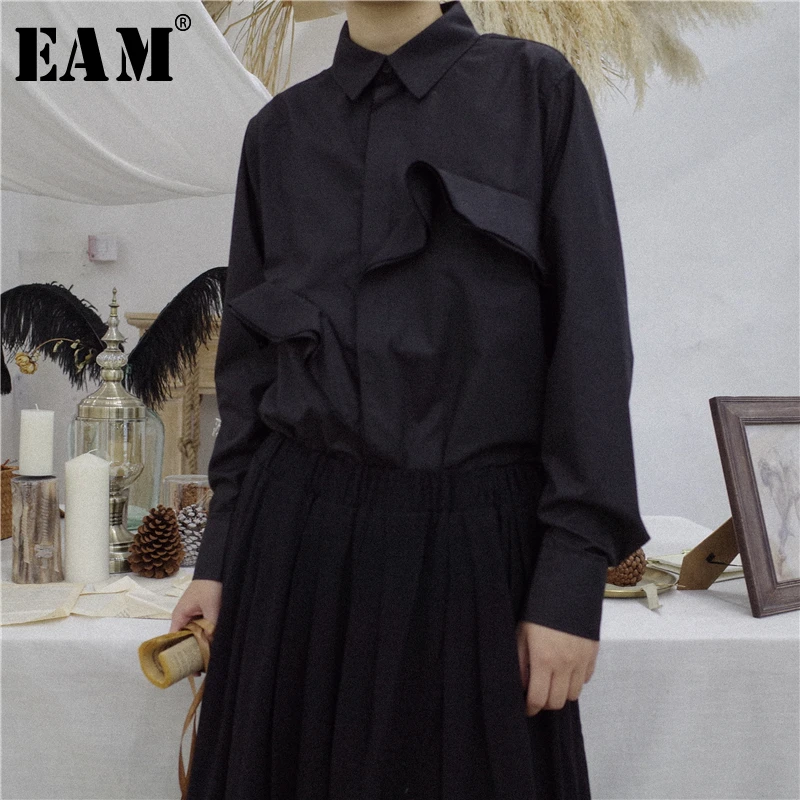 

[EAM] 2019 New Spring Summer Stand Collar Full Sleeve Asymmetrical Hen Button Loose Casual Ruffle Shirt Women Fashion Tide OB393