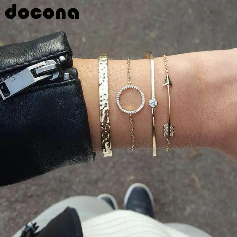 

docona Gold Color Arrow Round Layered Bangle Set for Women Geometric Crystal Open Adjustable Charms Bracelets Set Jewelry 6845