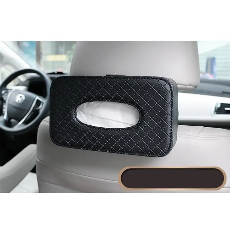 

1PC Car Tissue Box Storage Tissue Container Leather Facial Box Cover Back Seat Strap Napkin Holder For Home Office Car (Black)