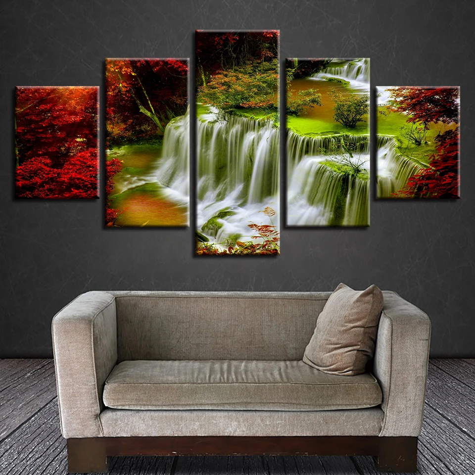 

Wall Art Poster Painting Printing 5 Pieces Red Tree Waterfall Natural Landscape Canvas Pictures Modular Decor Living Room Frames