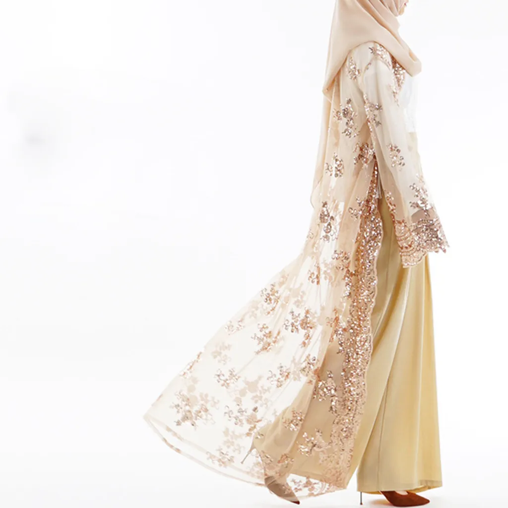 

2019 Fashion Muslim Women Lace Sequin Cardigan Maxi Dress Kimono Open Abaya Robe Kaftan Dubai free shipping 3.14