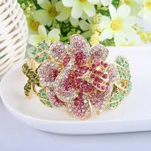 BELLA Gorgeous Gold Tone Brown Flower Bracelets & Bangles Austrian Crystal Rhinestone Plant Bracelet Cuff For Women Accessories gorgeous rhinestone heart cuff ring for women