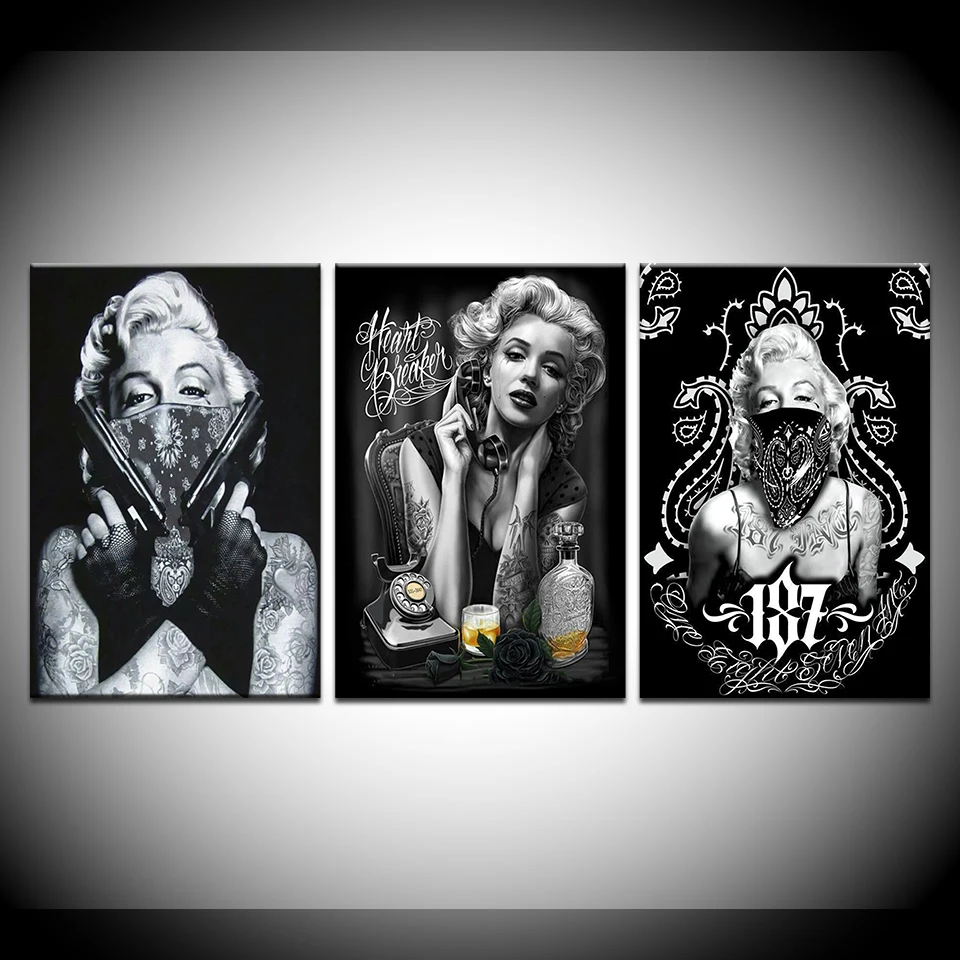 Us 549 44 Offtattoo Marilyn Monroe Art Prints Black White Pop Art Poster Sexy Portrait Canvas Wall Pictures 3 Panel For Home Office Decors In