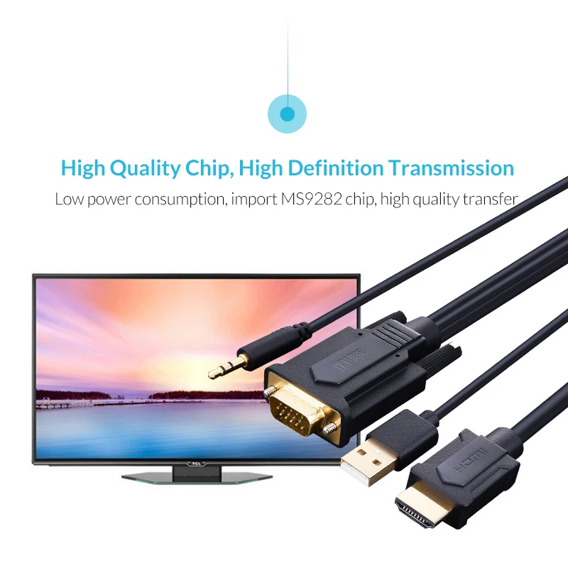 Unnlink преобразователь из VGA в HDMI кабель 2 м 3 м 5 М адаптер с 3,5 разъемом aux аудио кабель FHD 1080 P@ 60 Гц для компьютера светодиодный ТВ проектор