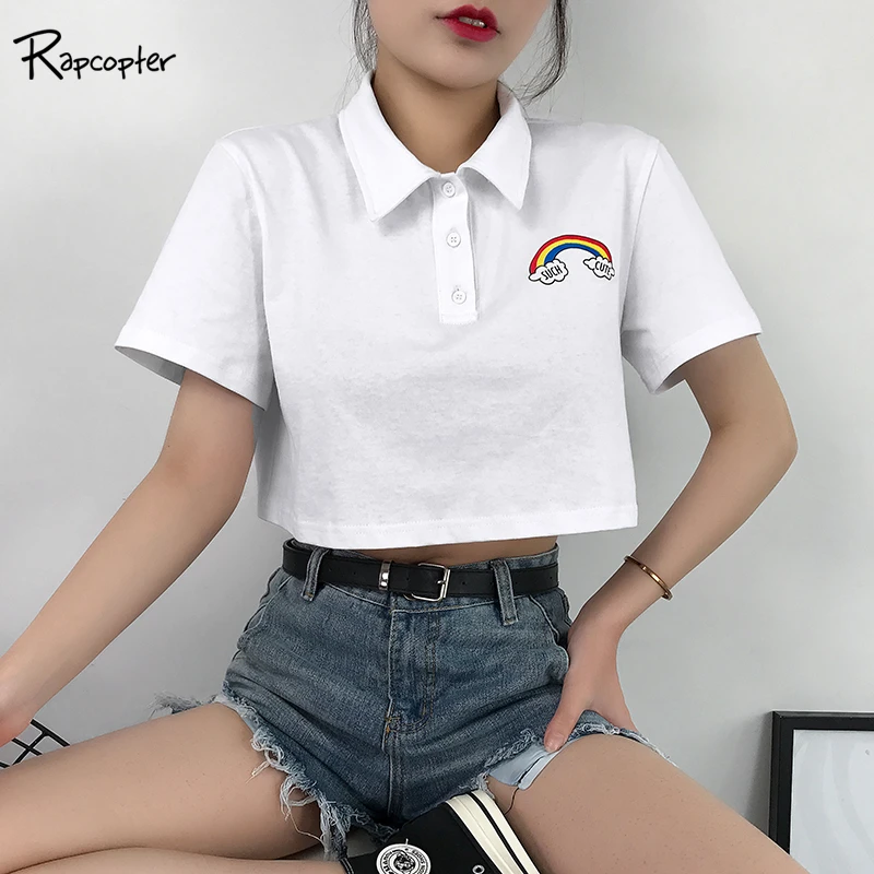 

Rapcopter Rainbow Printed White Femme Cotton Loose Short Sleeve Crop T-Shirt Korean Style Turn-down Collar TShirt Womens Summer