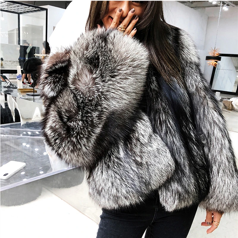 Silver Fox меховой Для женщин регулярные Куртка с воротником черный реального лиса