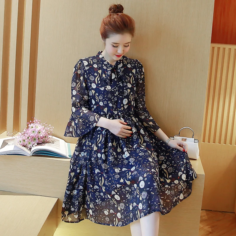 Pregnant women spring coat fashion V neck horn seven sleeves printed chiffon dress in the long