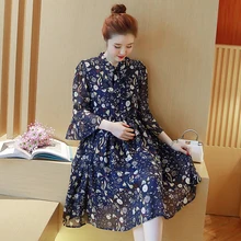 Pregnant women spring coat fashion V neck horn seven sleeves printed chiffon dress in the long