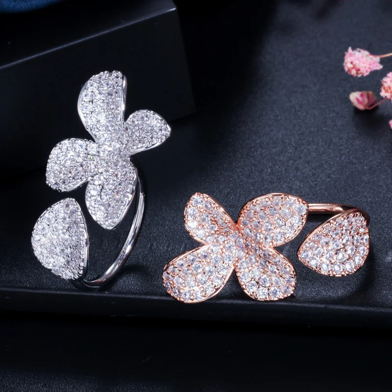 CWWZircons, роскошные кольца с регулируемым размером, серебро и розовое золото, кубический цирконий, цветочный лист, открытые кольца для женщин, для помолвки, вечерние, подарок R130