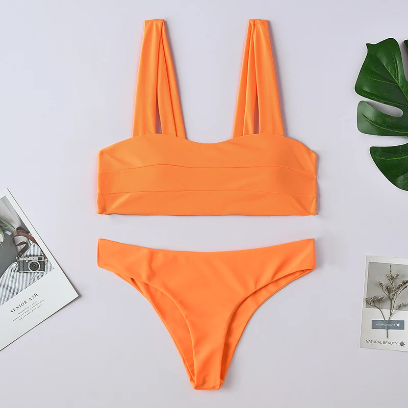 

2019 Bikini New Wide Straps Padded Bandeau Bikini Set Sexy Square Neck PulloverTop and Bottoms Brazilian Biquni Women Swimsuit