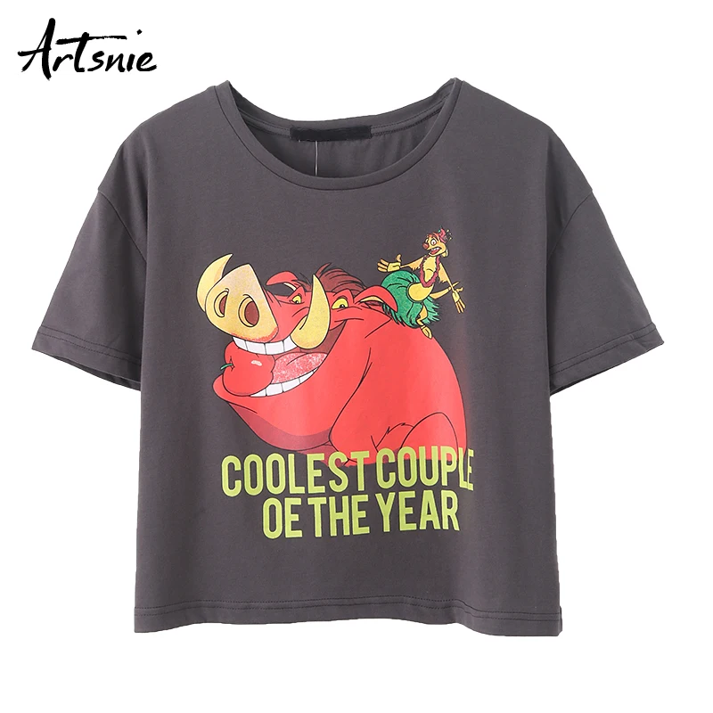

Artsnie cartoon animal print women t shirt summer 2019 dark gray streetwear casual tops tee o neck short sleeve t-shirt mujer