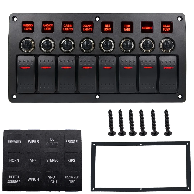 

8 Gang Red LED Waterproof Rocker Panel Switch w/Lens For Marine Boat 12-24V Damom
