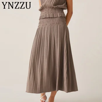 

YNZZU Korean Style Casual Ice Silk Knitted Skirt Women 2019 New Solid High Waist Pleated Long Skirt Chic Female Maxi Skirt AB180