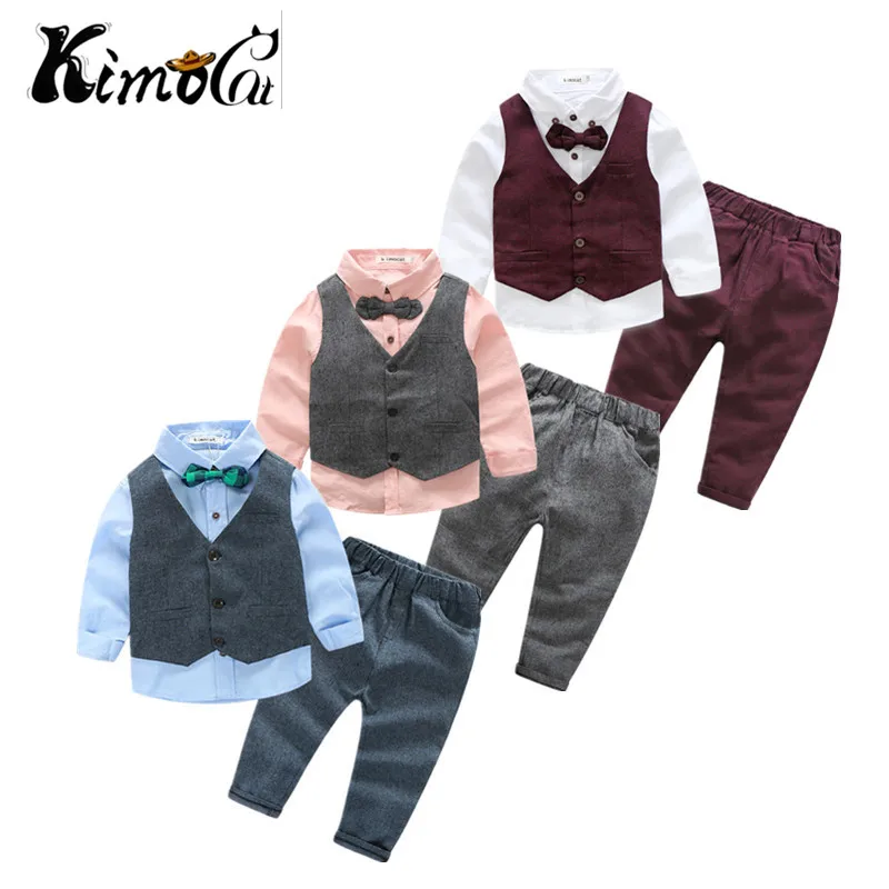 Goede Kimocat nieuwe kinderkleding Lente en herfst jongen katoen lange mouwen vest in de gentleman #039;s pak 3 stks (Vest + shirt + broek)