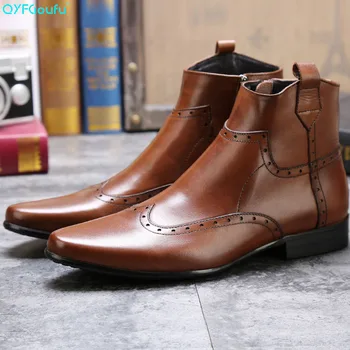 

QYFCIOUFU Luxury Brand Fashion New Vintage Charm Mens Boots Genuine Leather Handmade Handsome Bullock Carved Men Dress Boots