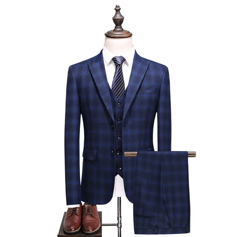 47.1        3、两粒扣、枪驳领、108、Men's suit men's plaid slim business casual suit three-piece suit (jacket + pants+vest ) wedding banquet formal dress