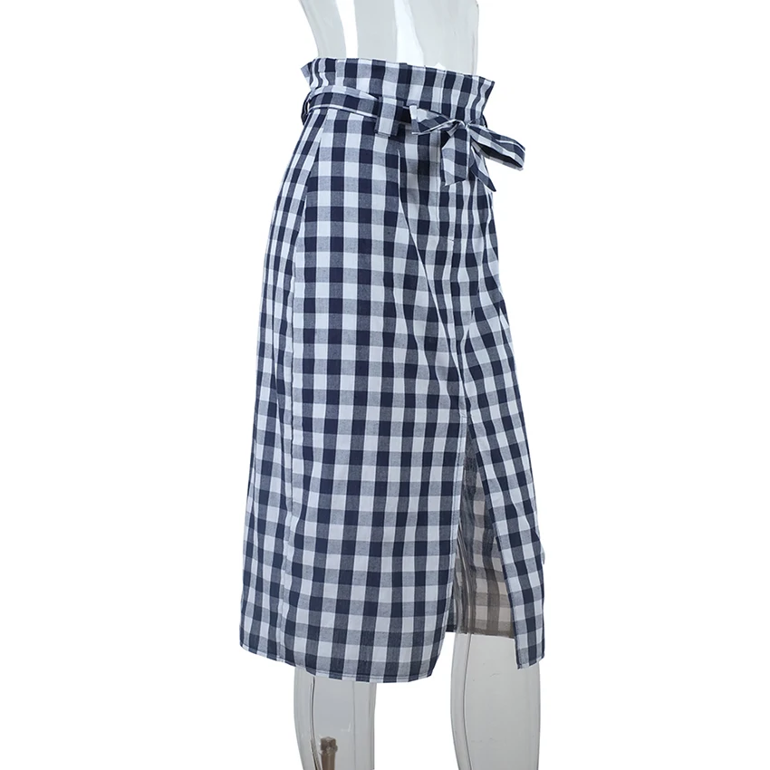 OOTN Plaid Midi Slit Pencil Skirts High Waist Women Blue White Gingham Bow Tie Long Skirts Female 2018 Summer Zipper Skirt Sexy Skirts
