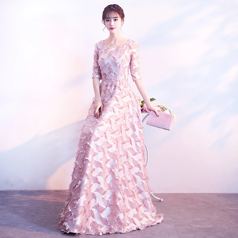 Розовые длинные элегантные вечерние платья с круглым вырезом Половина рукава Кружева вечерние длинные платья выпускного вечера LF326