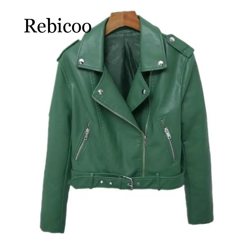 2019 new classic lapel short belt women's PU leather simple leather jacket motorcycle jacket