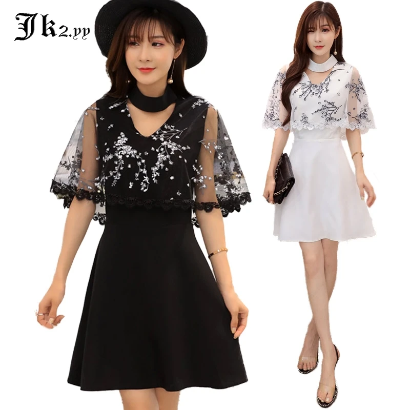 M- XXL XXXL Big Size Women Cloak Style Dress Choker Collar Floral Lace Patchwork Summer Sexy Mesh Sleeve A-line 9899 | Женская одежда