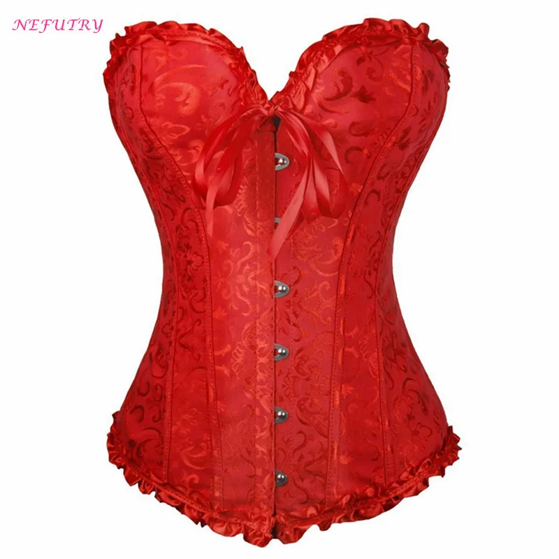 NEFUTRY Sexy Corset Top Plus Size Bustier Brocade Floral Lace Up