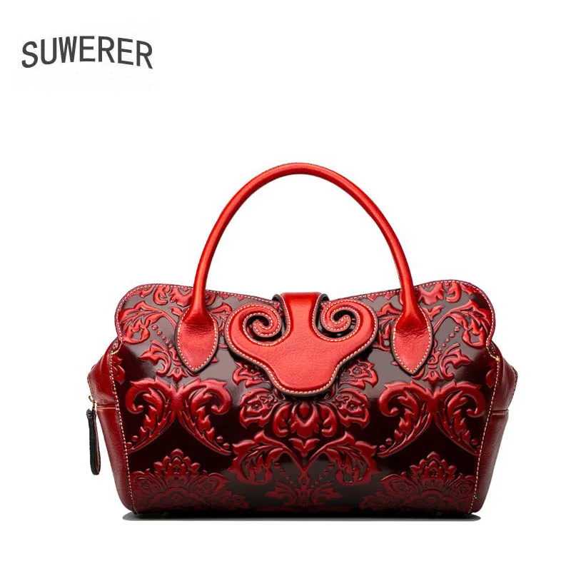 

SUWERER 2019 new women's leather shoulder messenger bag High-end ethnic embossed handbag designer bag Boston bag