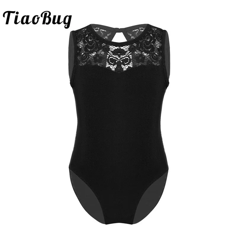 

TiaoBug Kids Teens Sleeveless Lace Splice Cutout Professional Ballet Leotards for Girls Gymnastics Leotard Ballerina Dance Wear