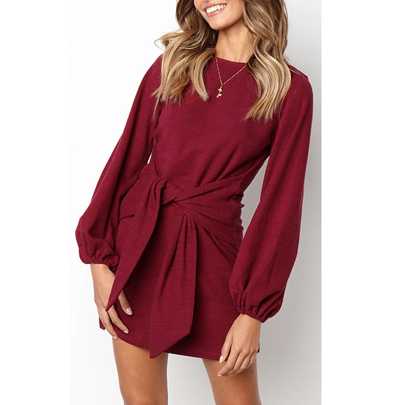 Womens Tie Knot Front Short Dress Casual Round Neck Puff Sleeve Solid