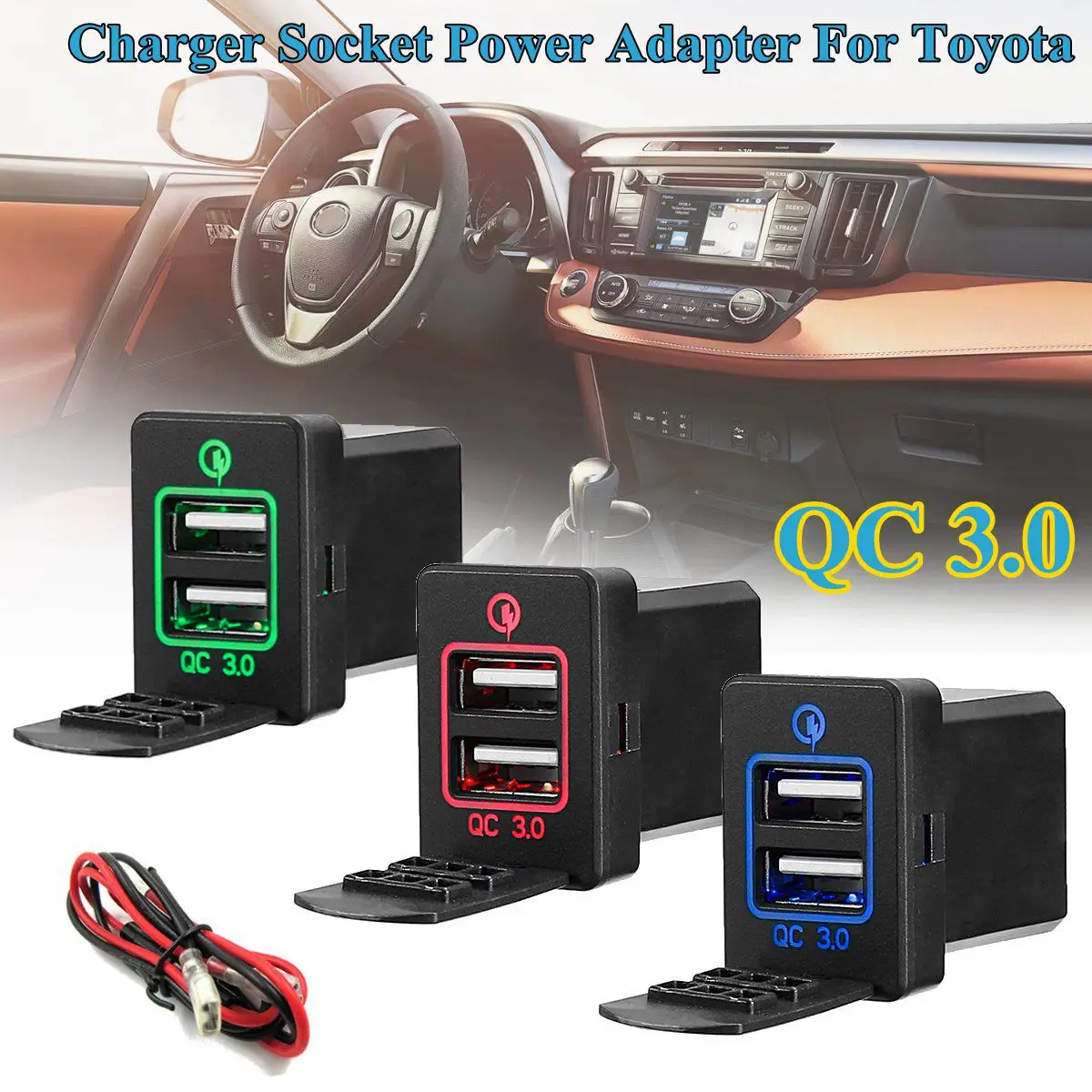 

for QC 3.0 12/24V Dual USB Socket Car Charger Power Adapter 4.8A 5V Output With LED Light for Toyota Corolla Levin Prado Reiz