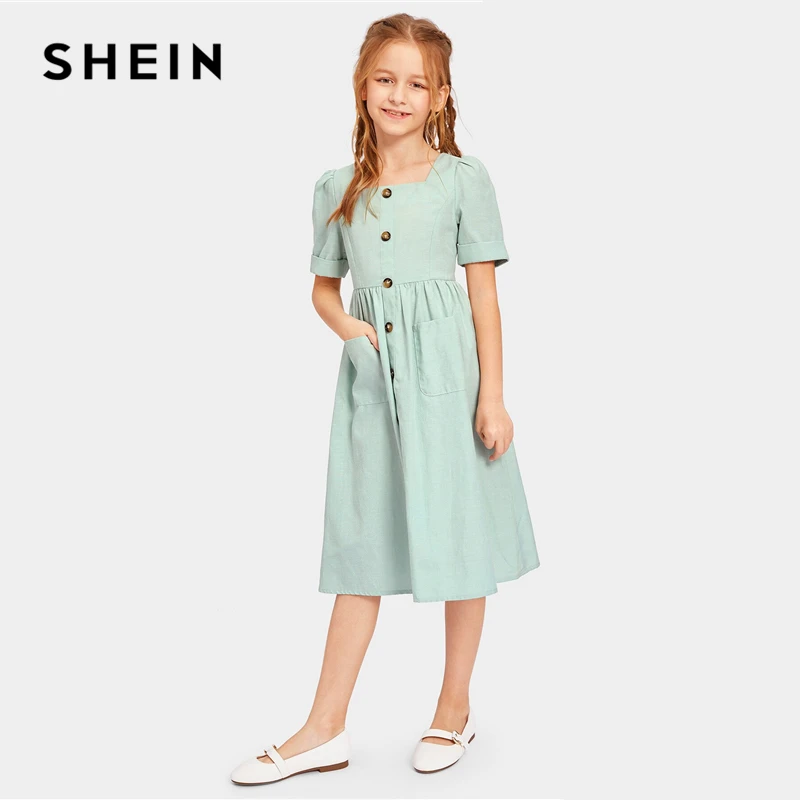 SHEIN Kiddie/красное однотонное расклешенное платье с оборками, трапециевидной формы, с поясом, летнее праздничное платье, рукав-волан, с пуговицами на спине, платья-миди для девочек