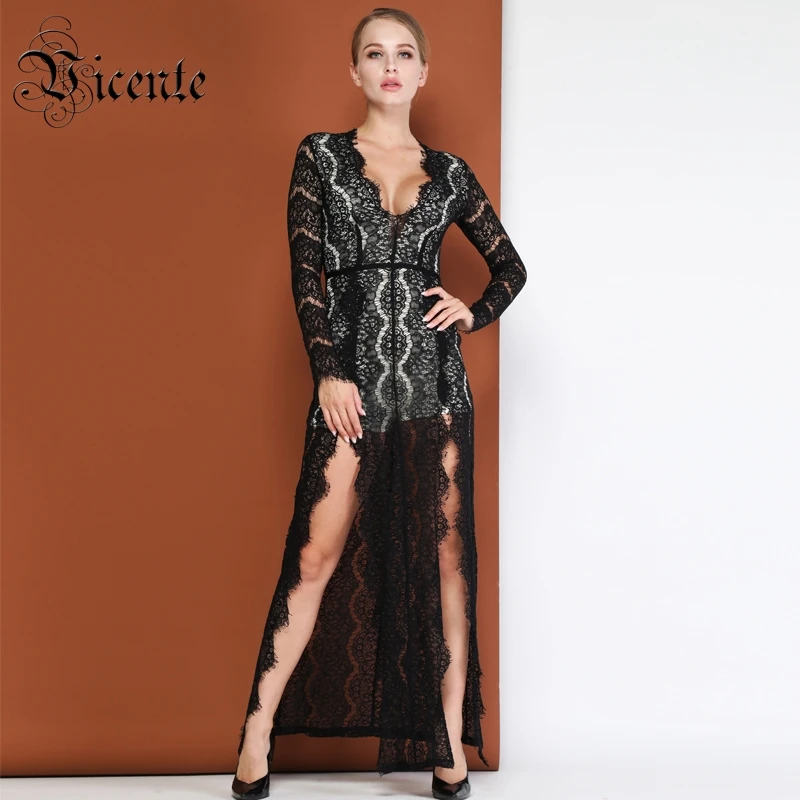 Sexy V De En Celebrity Vicente Longues Col Party Dentelle Longue Plongeant Manches Wear Chaude Chic Gros Split Robe Noir TY7Y8gwq