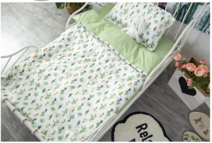 customize ins hot crib pillowcase bed sheet quilt cover 100% cotton cactus pattern baby kids bedding set  (1)