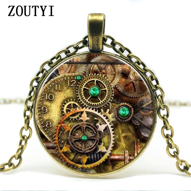 

2018 new product, steampunk gear pattern concave glass pendant necklace, men and women necklace, wholesale