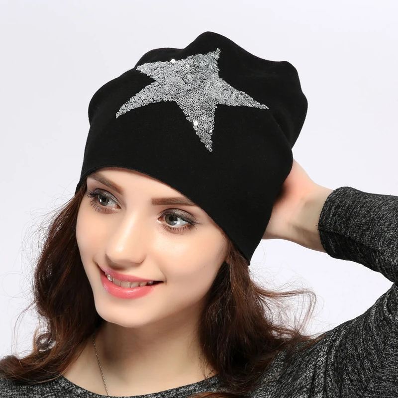 

Geebro Female Solid Star Knitted Hat Girls Sequins Cap Women Slouchy Baggy Autumn Winter Warm Beanies & Skullies Headwear JS259