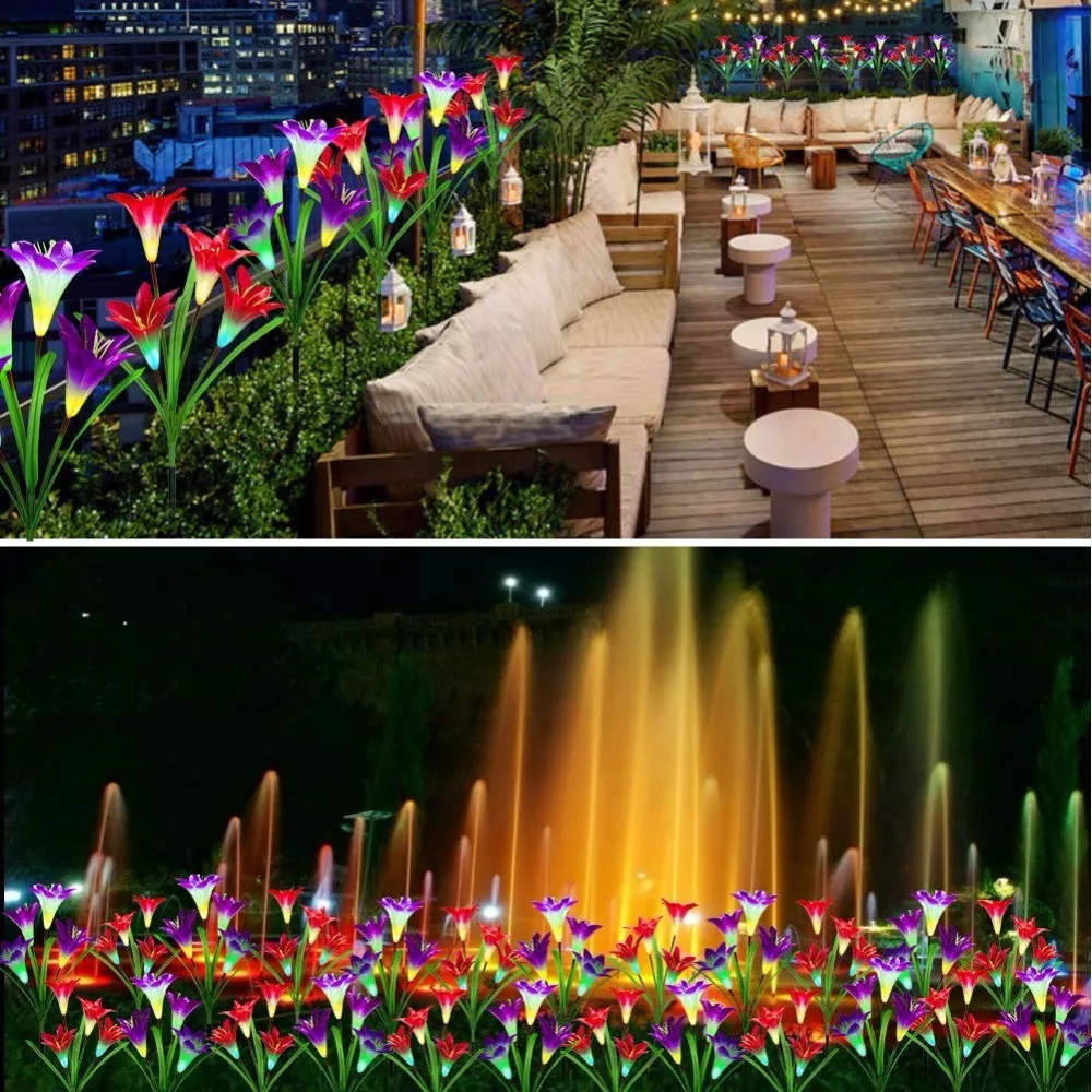 Solares da Estaca do Jardim ao ar Flor do Lírio Multi-cor em Mudança Solares da Estaca para o Quintal do Pátio do Jardim Livre com 4 Luzes Led 8 Lâmpadas solares