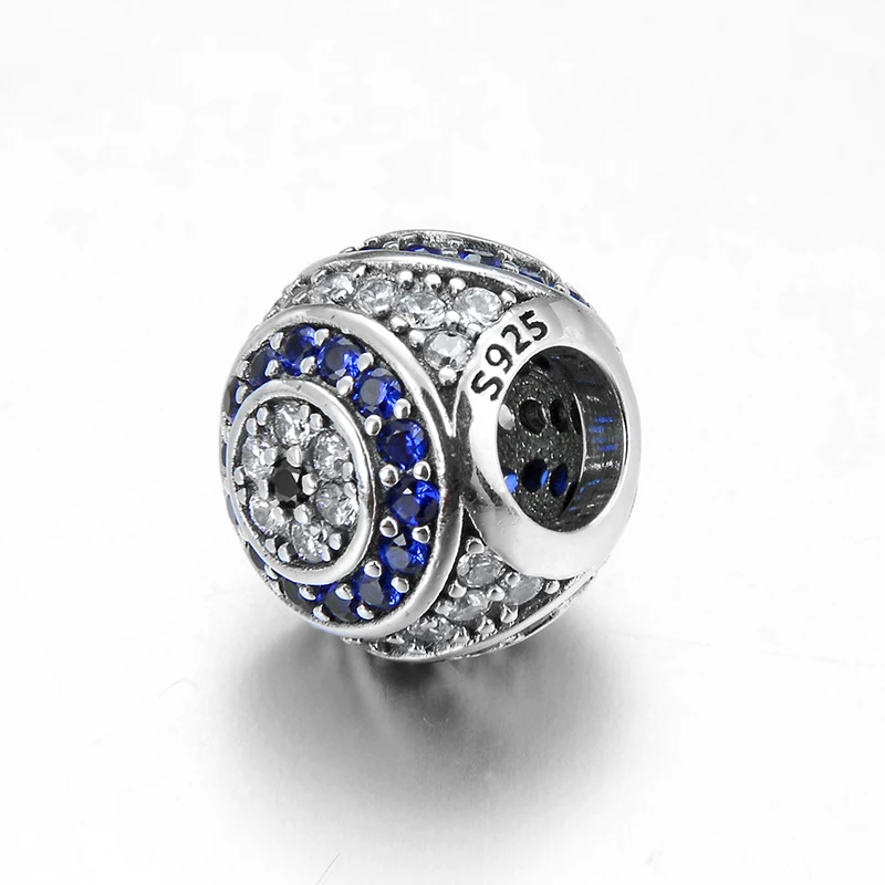 Real 925 Sterling Silver Inlaid Zircon Like Evil Blue Eye Round Charm Beads Jewelry making Fit Original Pandora Charms Bracelet