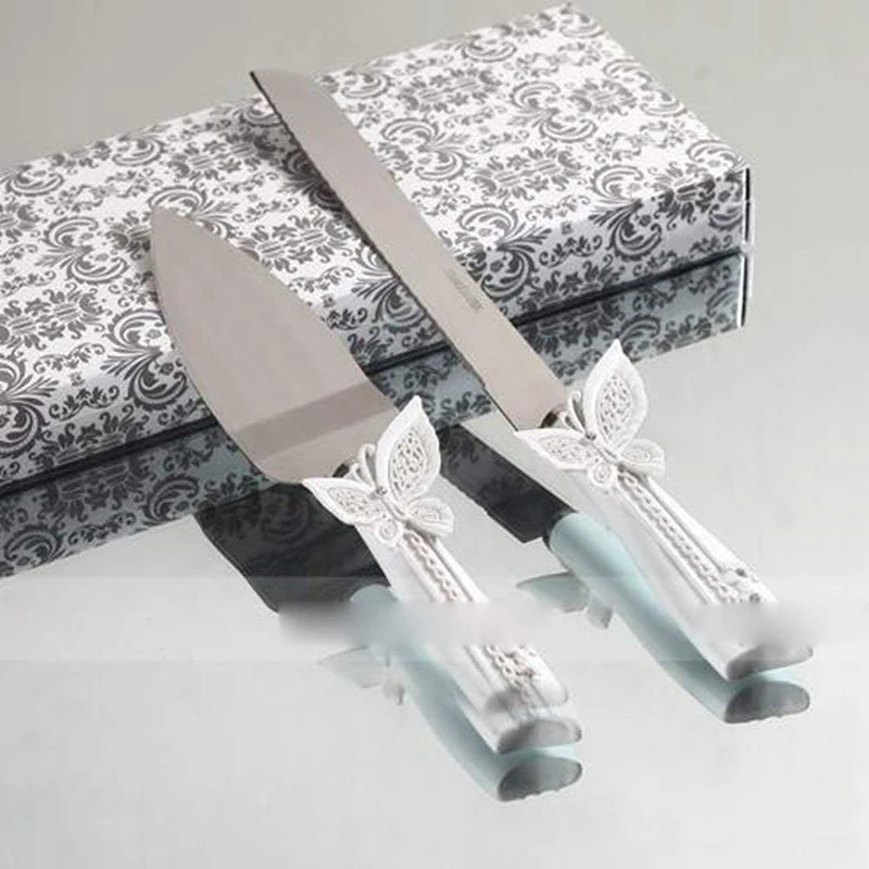 2pcs Wedding Party Cutlery Decoration Cake Shovel Knife Stainless Steel Server Dinnerware Set Butterfly Handle Christmas Gift