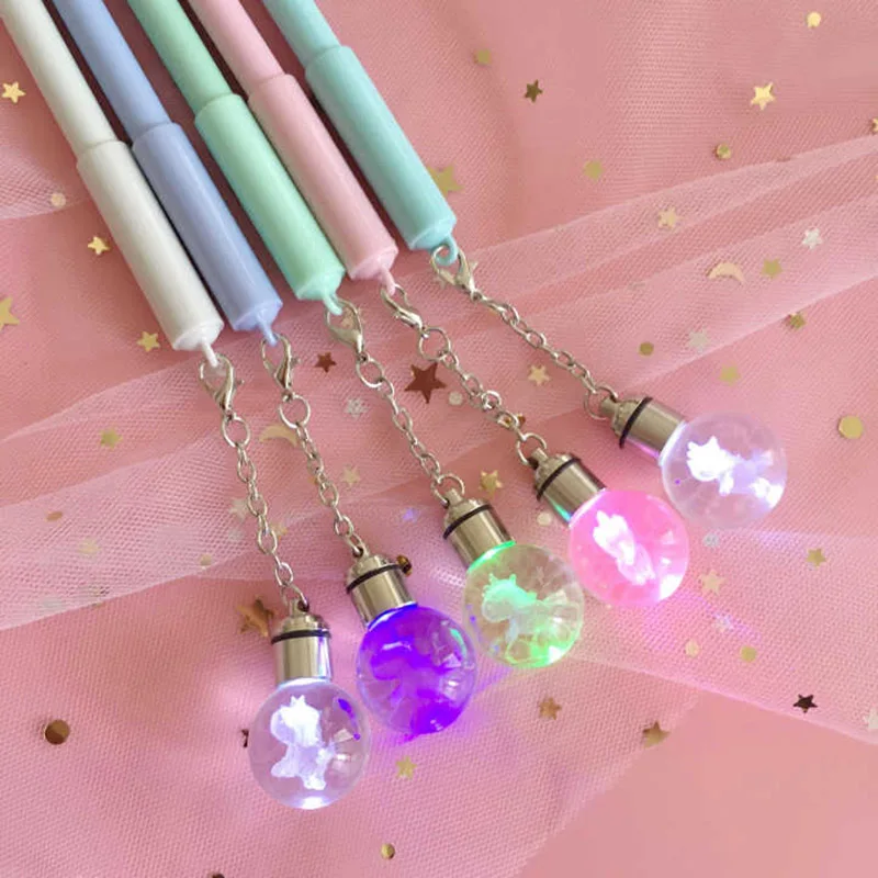 

New Cute Plastic Novelty Light Unicorn Bulb Gel Pen Creative Neutral Pens For Writing Kids Gift Material Escolar Stationery