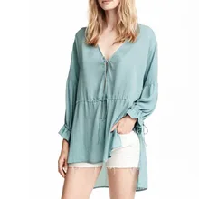 Nice Women Blouses Blusas Femininas Pleated Sleeve v-neck Chiffon Shirts Female Belted Bow Slit Shirt Irregular Hem plusGA8125