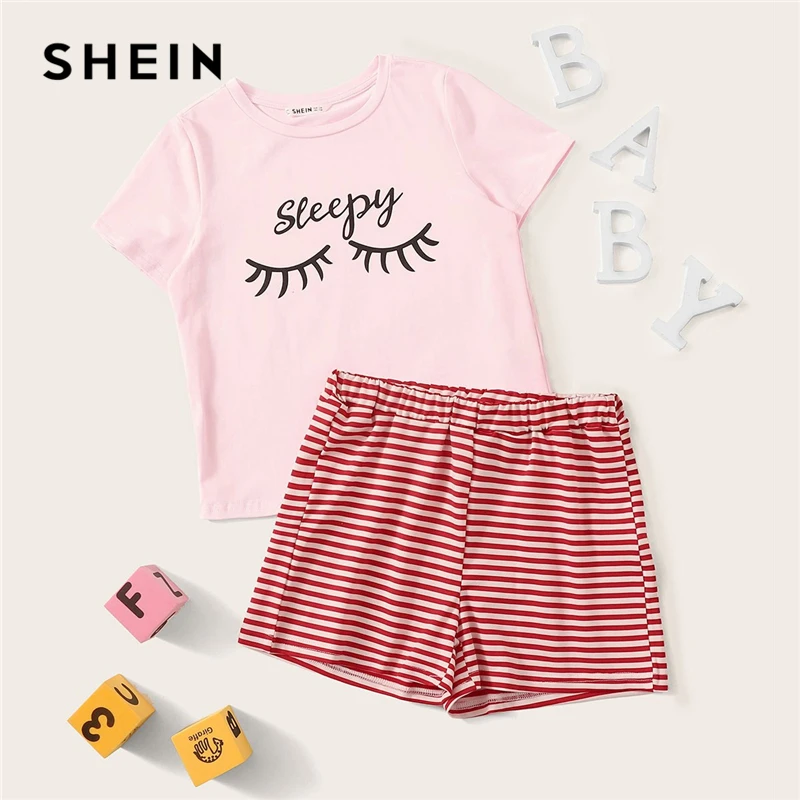 SHEIN Ruffle Letter Print Tee And Striped Shorts Set Girls Sleepwear Kids Pajamas 2019 Short Sleeve Casual Pajamas For Girls SHEIN Ruffle Letter Print Tee And Striped Shorts Set Girls Sleepwear Kids Pajamas 2019 Short Sleeve Casual Pajamas For Girls