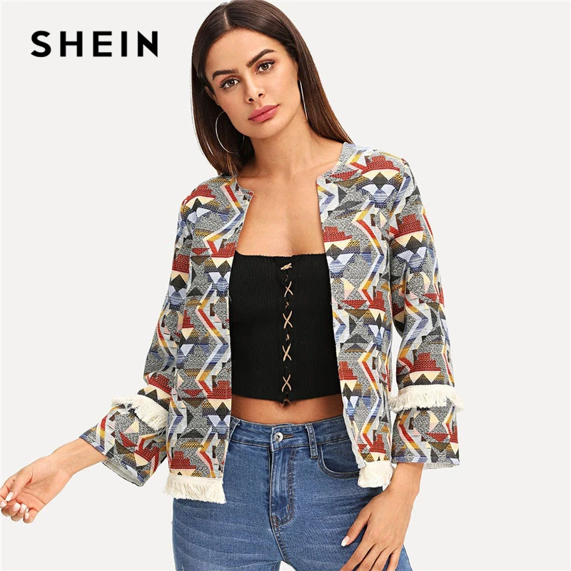 SHEIN Multicolor Geometric Print Coat Casual Long Sleeve Streetwear