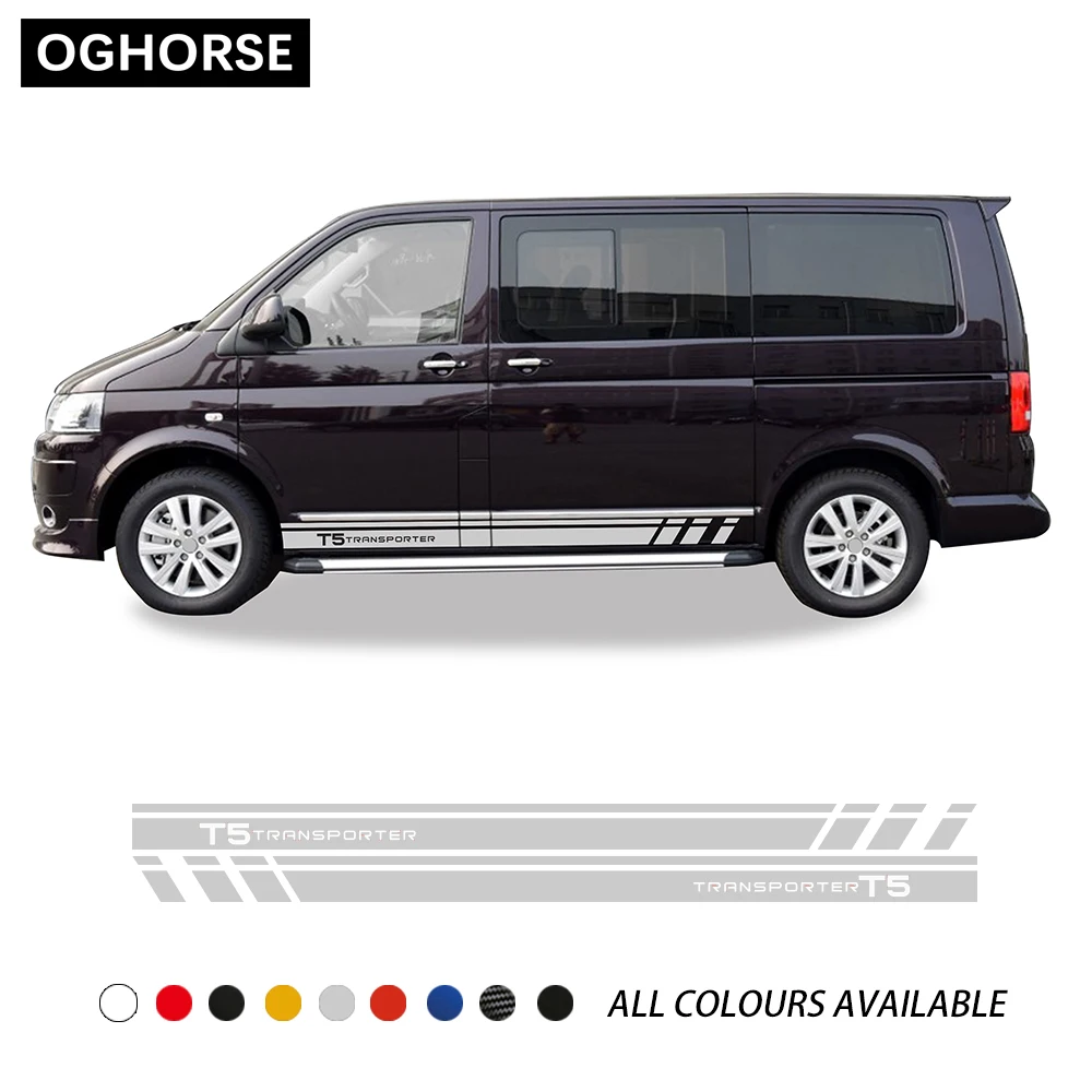 A Pair Racing Stripes Door Side Stripes Skirt Sticker Graphics Body Vinyl Decal For Volkswagen TRANSPORTER T5 T6 Accessories