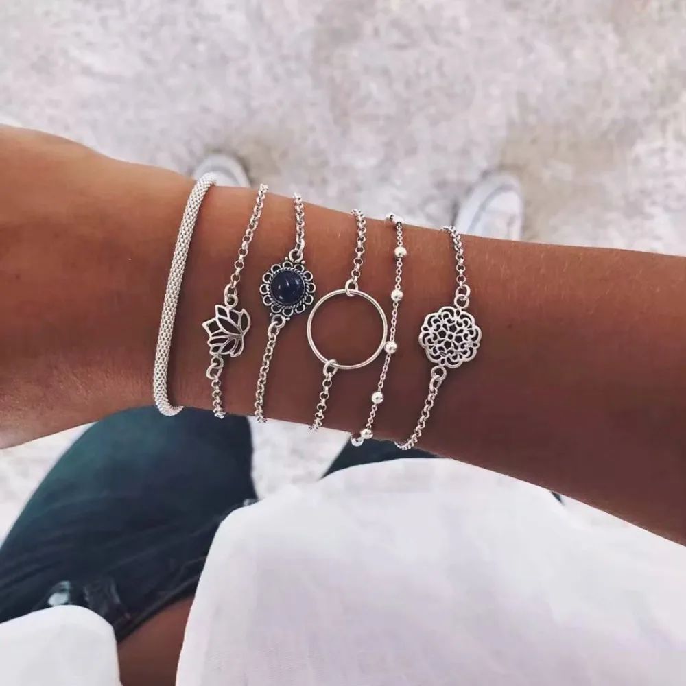 

6pcs/set Bohemian Hollow Flower Bracelet Sets Silver Chain Charm Bracelets For Women 2019 Jewelry pulseras mujer femme bileklik