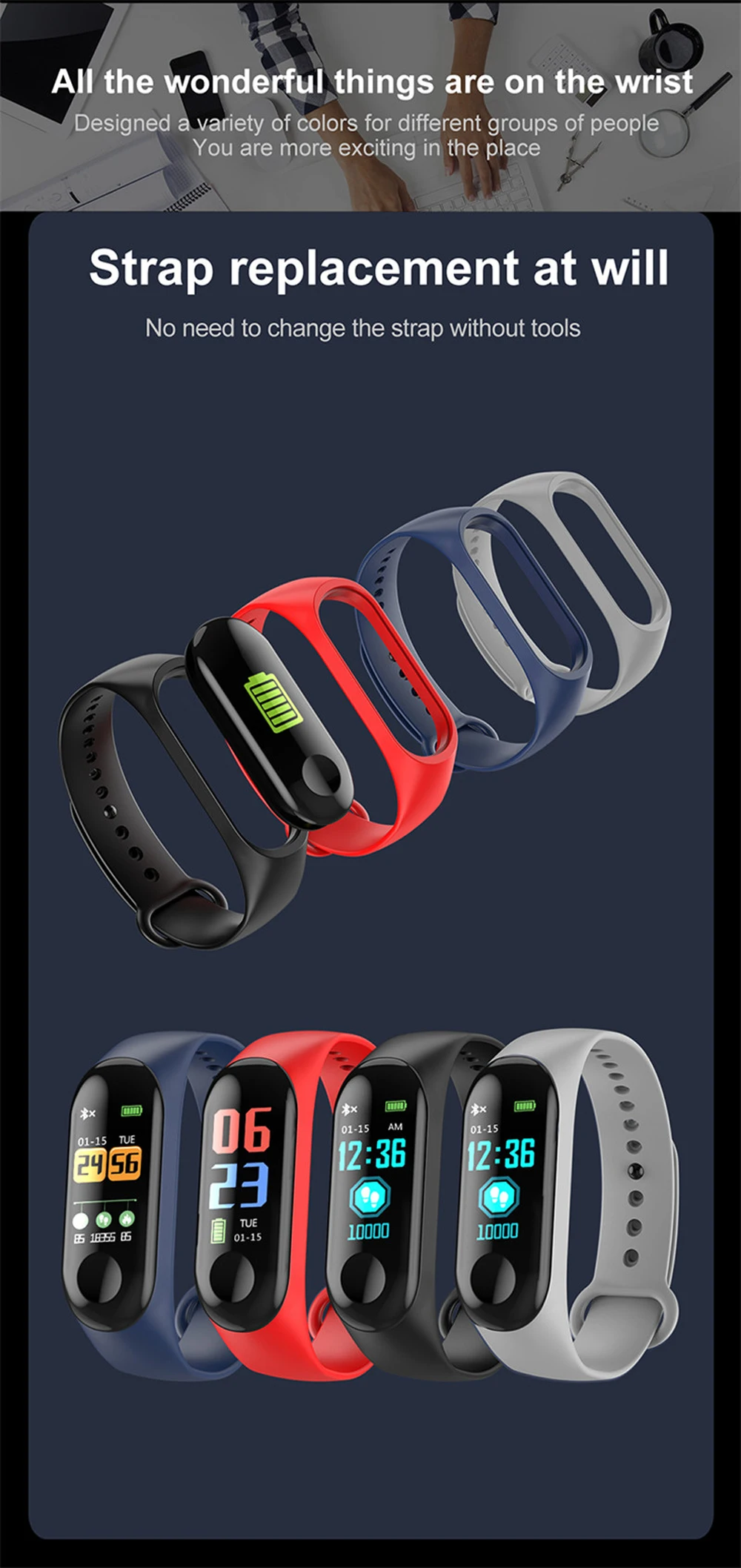 M3 Smart Health Pedometer/Heart Rate/Blood pressure/Sleep monitor Bracelet -Red