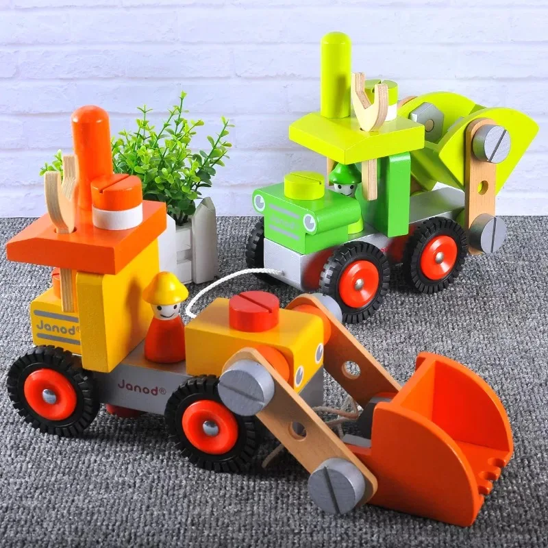 

24 PCS Kids wooden 3D Engineering vehicle block toys/ Children assemble truck block with nut tools for educational toys