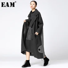 [EAM] длинное серое шерстяное пальто свободного кроя с большим карманом и длинным рукавом, модная женская одежда осень-зима JY727