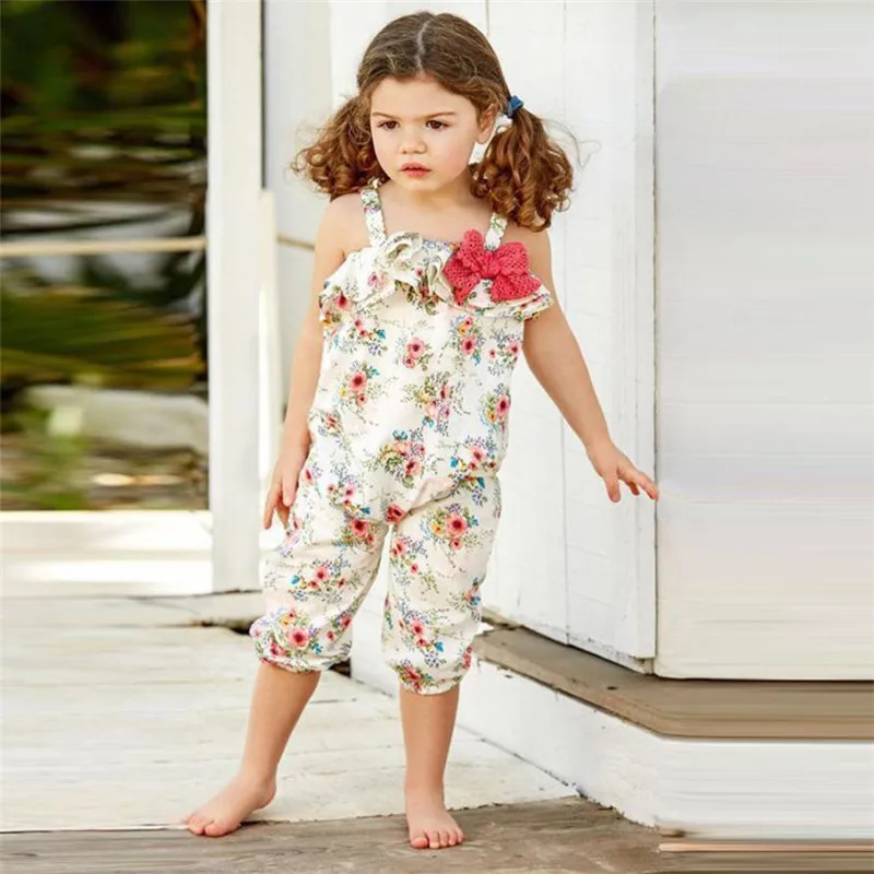 Cute Kids Jumpsuit White Baby Girls Bowknot Flower Print Overalls